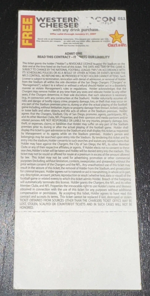 Talón de boleto Tomlinson #31 temporada de touchdown NFL Record Chargers Chiefs 17/12/2006 Foto 2 de 2
