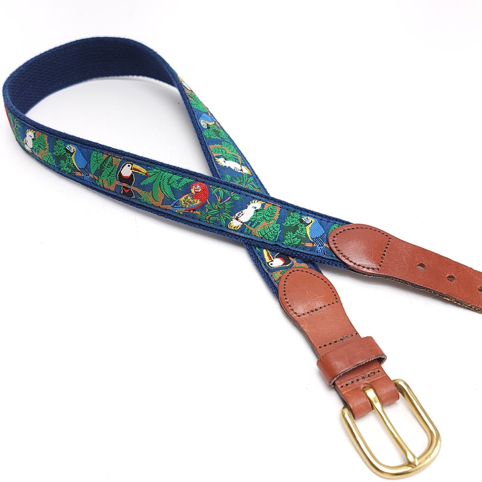 Leather Man Ltd. Blue Tropical Birds Parot Leather Canvas Belt Men's Size 30
