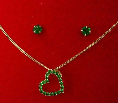 585 Gold SET 14 Karat Kette Herz Anhaenger und Ohrstecker  Zirkonia smaragd