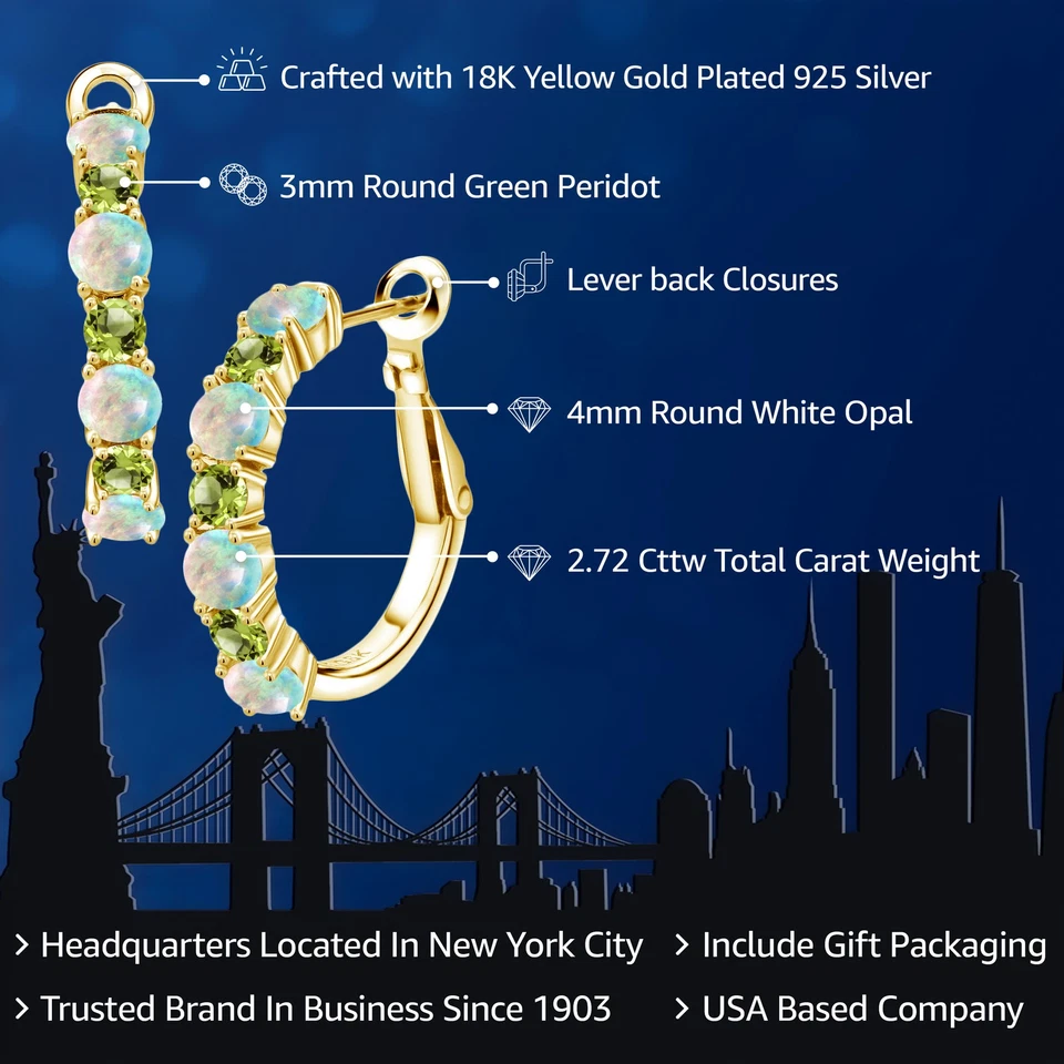Pendientes de aro para mujer enchapados en oro amarillo de 18 quilates de ópalo blanco y peridoto Foto 2 de 4