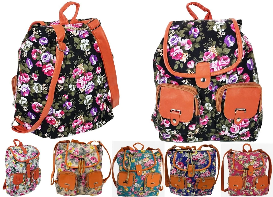 DIRECT HOME COLLECTIONS Ladies Floral Canvas Shoulder Backpack Rucksack Bags School College Uni Travel