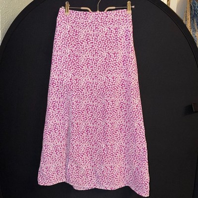 Floral Print Midi Skirt Pink White Side Slit #0733