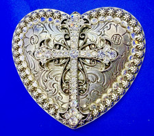 Beautiful Heart Shaped Cross with Clear Rhinestone Accented Nocona Belt Buckle