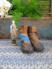 Antique High Button Black  Brown Leather Baby Shoes w 1890s Blue Calico Patches