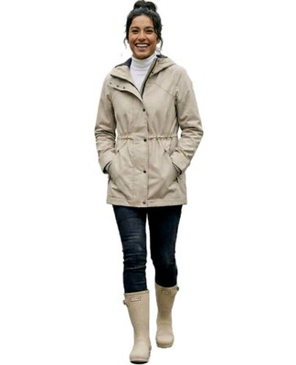 Hunter Womens M Rubberized Cotton Smock Hooded Rain Jacket Adjustable Tan NWOT
