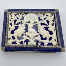 ANTIQUE ITALY GILT 800 SILVER ENAMEL CARVED MERMAID FISH OVERLAY COMPACT BOX