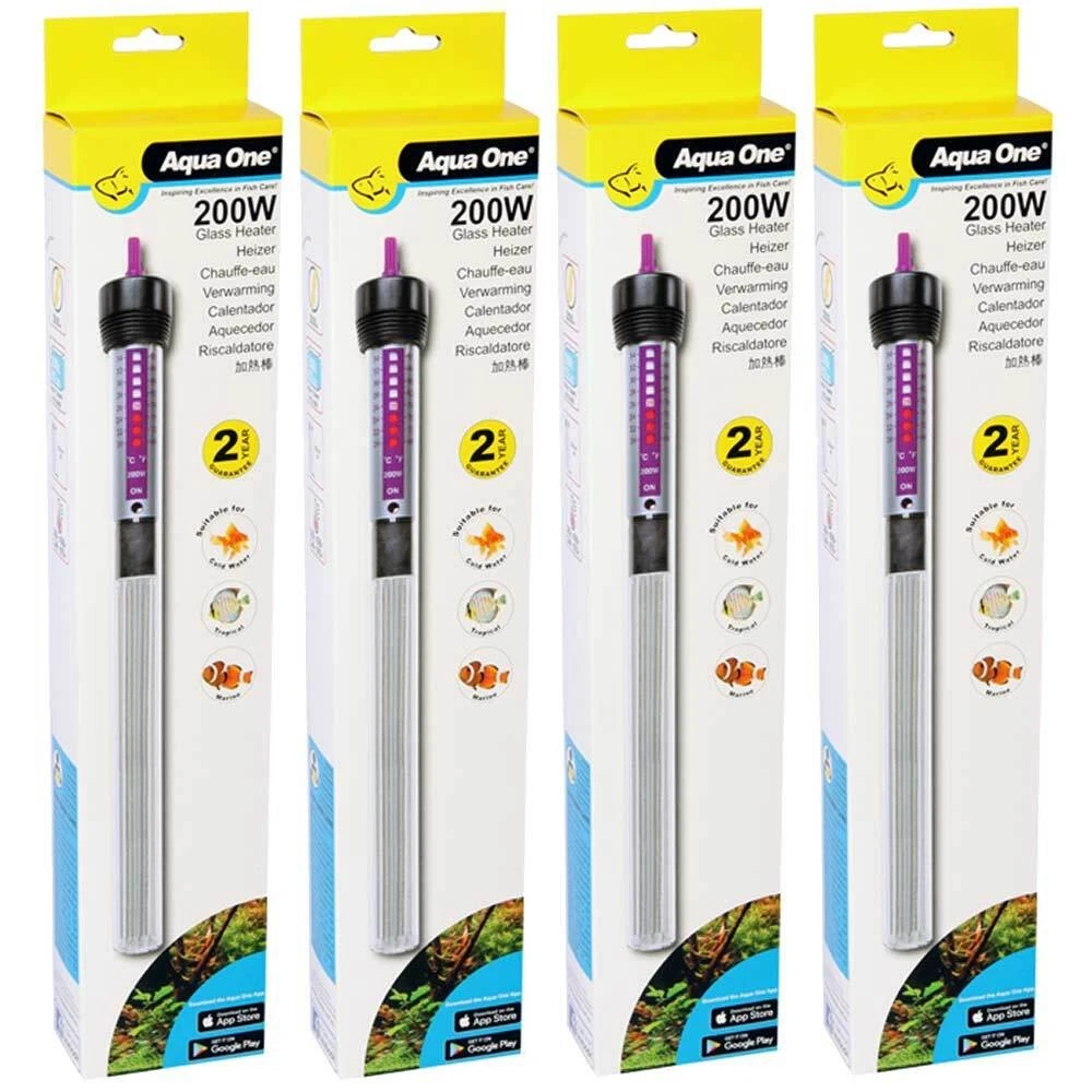 4x Aqua One 200W Glass Heater Aquarium 200 Watt Fish Tank Automatic Temp Control