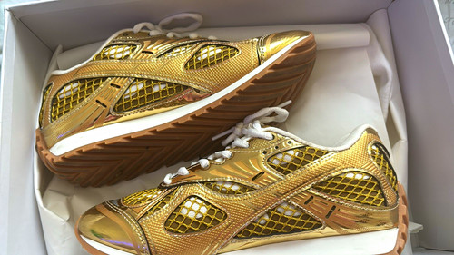 Bottega Veneta Gold Low Top Lace-Up Sneakers Geometric Pattern Unisex