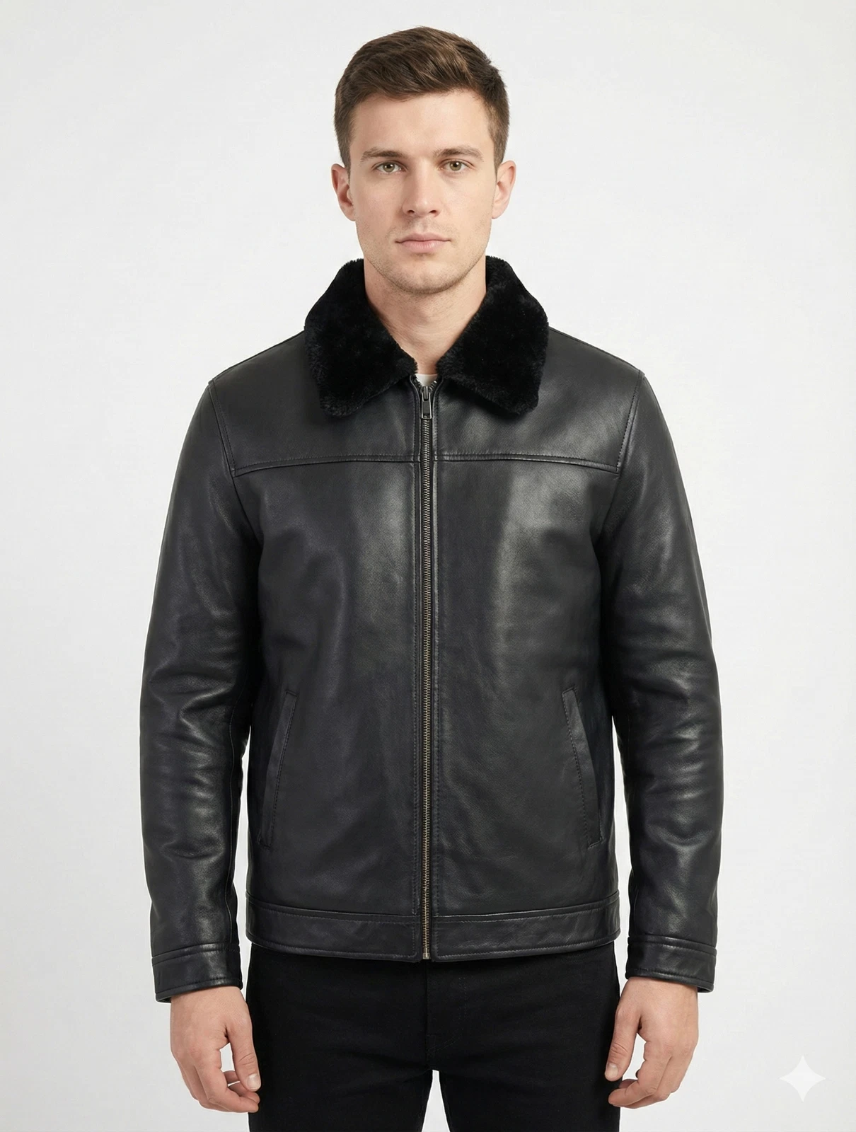 Mens Black Real Leather Jacket Fur Collar Aviator Biker Winter Coat Shearling