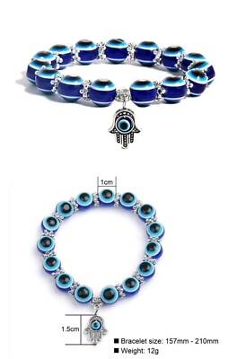 Rinhoo Turkish Hamsa 8mm Beaded Bracelet - Blue Evil Eye Protection, Good Luck Gift (Adjustable)