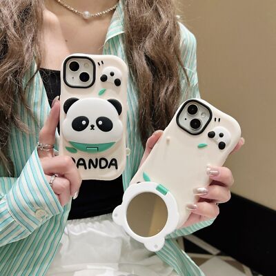 3D Panda Soft Silicone Stand Mirror Phone Case For iPhone 16 15 14 13 12 Pro Max