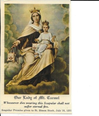 Holy Card of Our Lady of Mount Carmel & Brown Scapular of O.L. & Info Pamphlet
