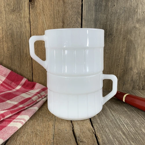 Pair Vintage Federal White Milk Glass Stackable Coffee Mug Tea Cup Heat Proof