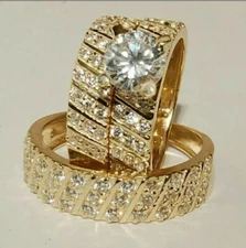 His & Her Trio Ring Set 2.50Ct Round Simulated Diamond 14k Yellow Gold Plated