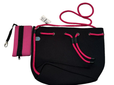 Damen Bucket Bag Chuchka schwarz pink Neopren Kordelzug/abnehmbares Handgelenktasche