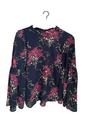 NWOT ANN TAYLOR LOFT BEAUTIFUL NAVY FLORAL BELL SLEEVE TIE BACK BLOUSE SZ XS