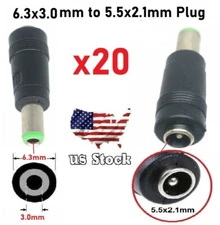 x20 Copper DC Power Connector 5.5mmx2.1mm Female to 6.3mmx3.0mm Male Adapter