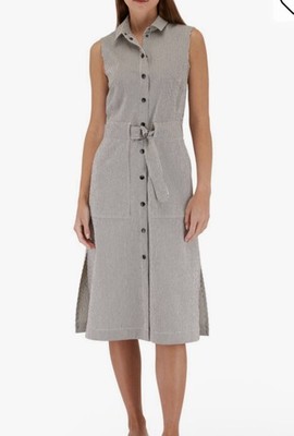 Akris Punto Seersucker Midi Shirt Dress Black White Striped Belted Women s 10 US