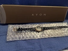 Avon Diamond Essence Watch Womens-Black, Genuine Leather band- New in Box!