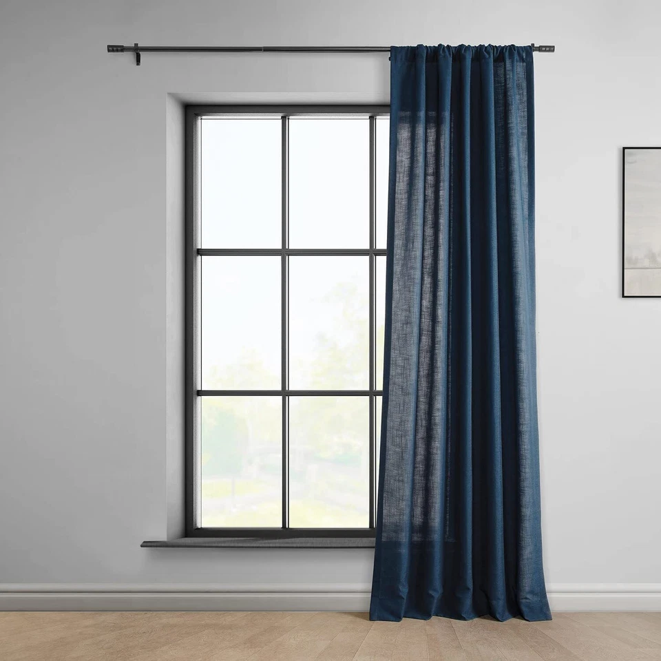 Linen curtain Navy Blue Color Living Room two panels Bedroom Curtain Set - Image 2 of 4