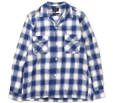 BEAMS PLUS Ombre Check Open Collar Shirt Blue White Cotton Made in Japan Size L