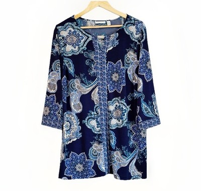 Susan Graver Women s Liquid Knit Paisley Top Tunic Size 1X Blue Coastal Artsy