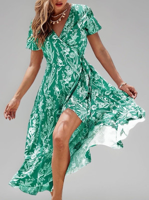 Maxikleid Damen Blumenmuster Boho Lang Chiffonkleid Rüschen Wickel Freizeit V-Ausschnitt