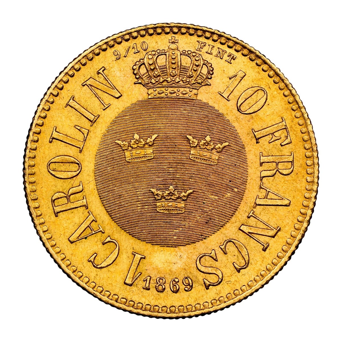 1869, Kingdom of Sweden, Charles XV. Gold 10 Fracns (1