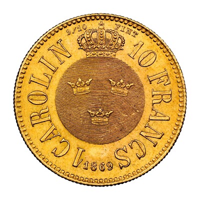 スウェーデン1カロリン金貨1869年カール15世　UNC 1869, Kingdom of Sweden, Charles XV. Gold 10 Fracns (1
