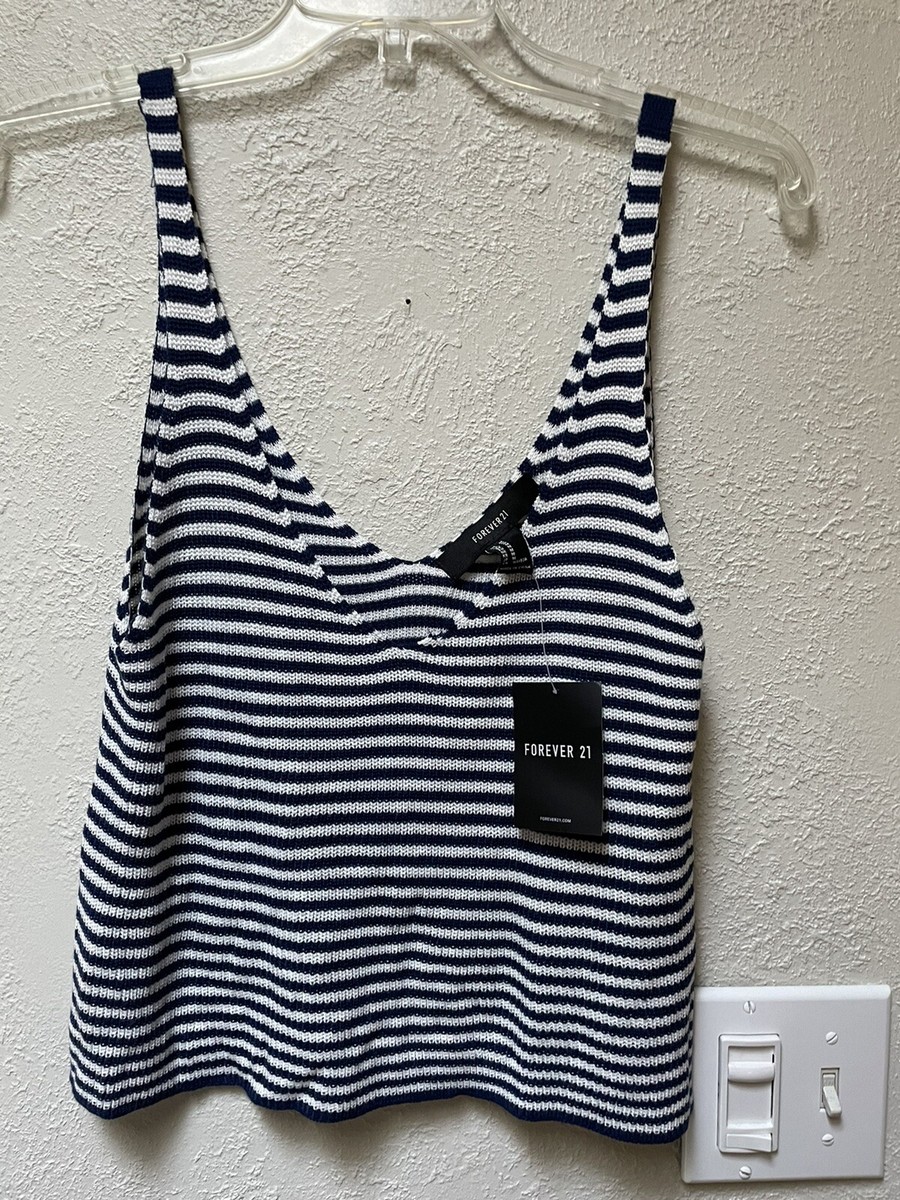 Forever 21 Navy Blue White Stripe Cropped Sweater Tank Top Women's