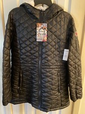 Steve Madden Womens M Quilted Puffer Black Coat Faux Fur Lined Hood Nylon