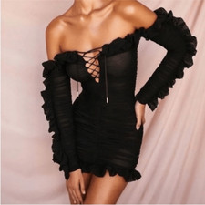 HOUSE OF CB Tatyana mini dress in black ruffle size M