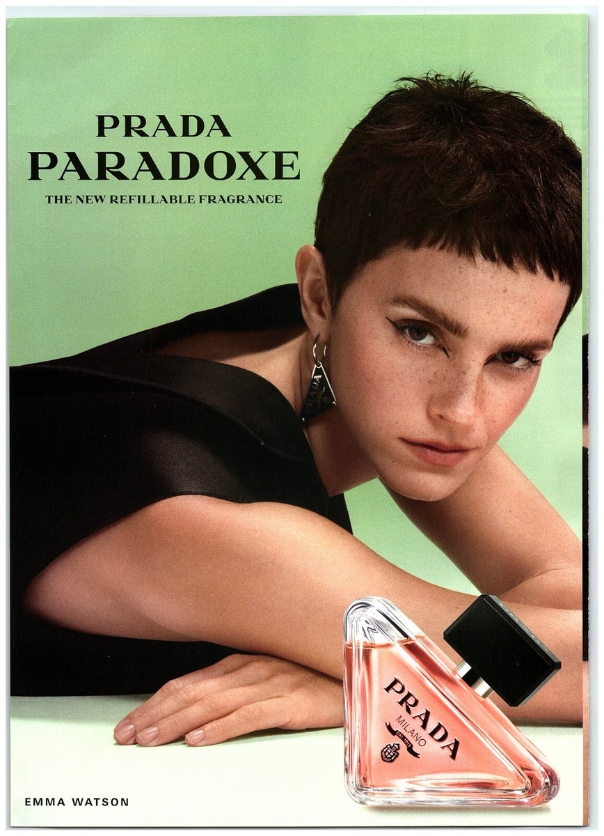 PRINT AD, 2022 Prada Paradoxe Emma Watson Pinup Short Hair