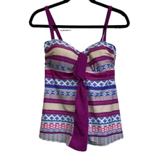 Tropical Escape Two Piece Tankini  Skort Swim Set. Size 8 Purple, White, Blue