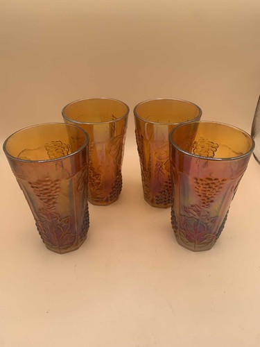 Vintage Indiana Amber Carnival Glass Harvest Grape Pitcher with 4 Glasses Set - Picture 12 of 20
