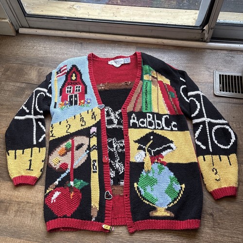 Vintage 90s Eagles Eye Sweater Cardigan Large Teacher School Hand Knit Pop Quiz