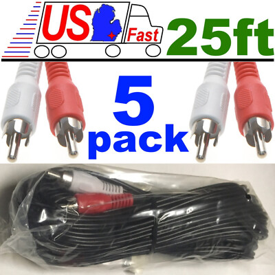 Lot5 25ft long Dual RCA Male~M Audio/Stereo/Reciever Phono patch Cable/Cord/Wire