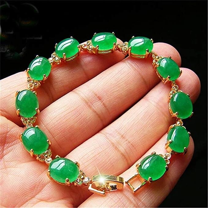 Brazalete Vintage Corte Ovalado Natural Jade 7 pulgadas Acabado Oro Amarillo 14k 925