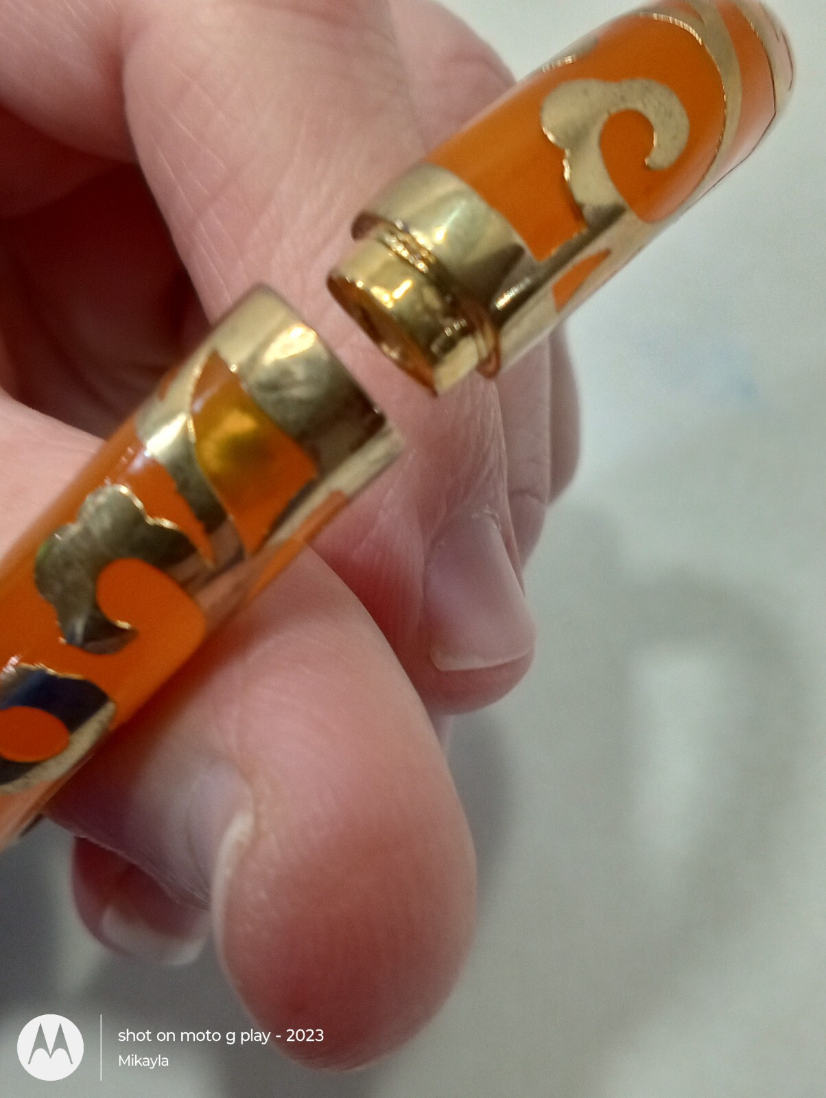 Orange Enamel Scroll Hinged Bangle Bracelet Gold … - image 9