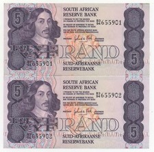 SOUTH AFRICA 2 X 5 RAND 1982 - 1985 PICK 119 C RUNNING NUMBERS UNC