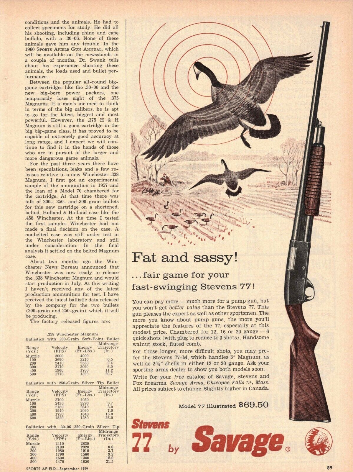 Vintage 1959 Savage Stevens Models 77 Goose Hunting Chicopee Falls MA  print ad