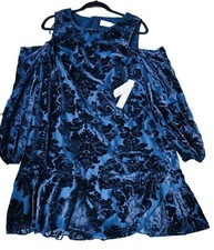 ELIZA J PARTY DRESS SIZE 14 BLUE FLORAL VELVET COLD SHOULDER SHIFT Ps2