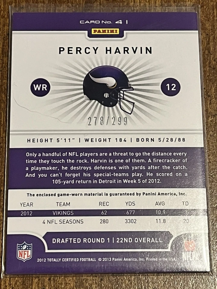 PERCY HARVIN 2012 Totally Certified Materials Platinum Red JERSEY #278/299 - Image 2 of 2