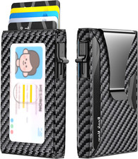 Slim Minimalist Wallet RFID Blocking Metal Pop Up Card Holder Money Clip Carbon