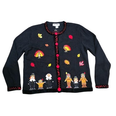 Jack B Quick Cardigan Sweater Thanksgiving Turkey Pilgrim Native American Size M