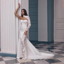 One Shoulder Neckline Satin Sheath Wedding Dress Open Back Zipper Side Slit Gown