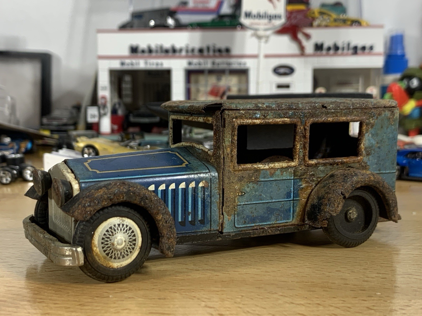 Vintage Cragstan Barn Find Tin Toy Sedan Friction Rusty Patina Car 6”