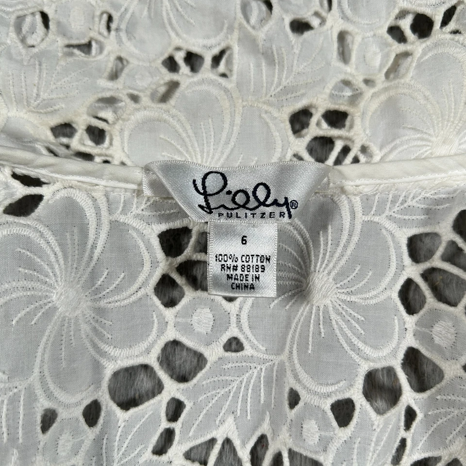 Chaqueta Blazer Lilly Pulitzer Mujer 6 Blanco Floral Ojales Encaje Manga 3/4 Recortada Foto 4 de 4