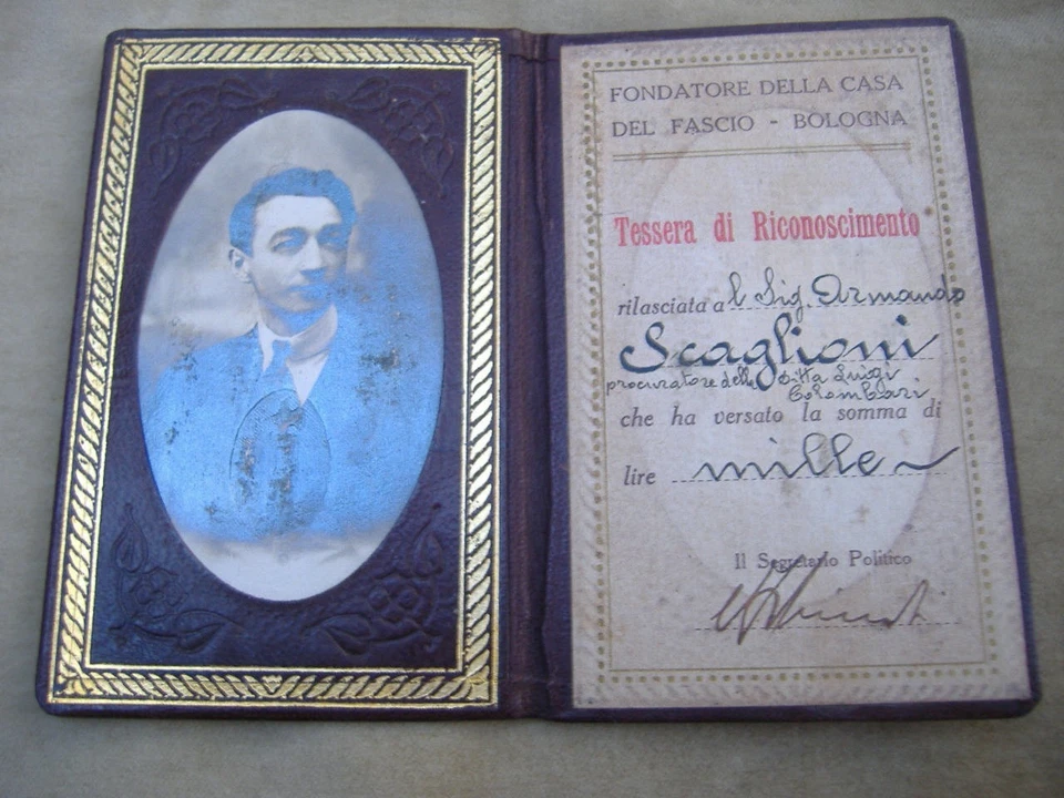 RARA TESSERA "FONDATORE CASA DEL FASCIO DI BOLOGNA" 1922 FIRMA LEANDRO ARPINATI - Immagine 2 di 3