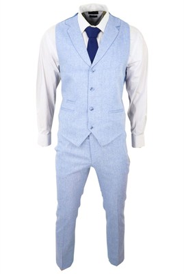 Homme Été Costume Gilet Pantalon Lin Habillé Bleu Clair Extérieur
